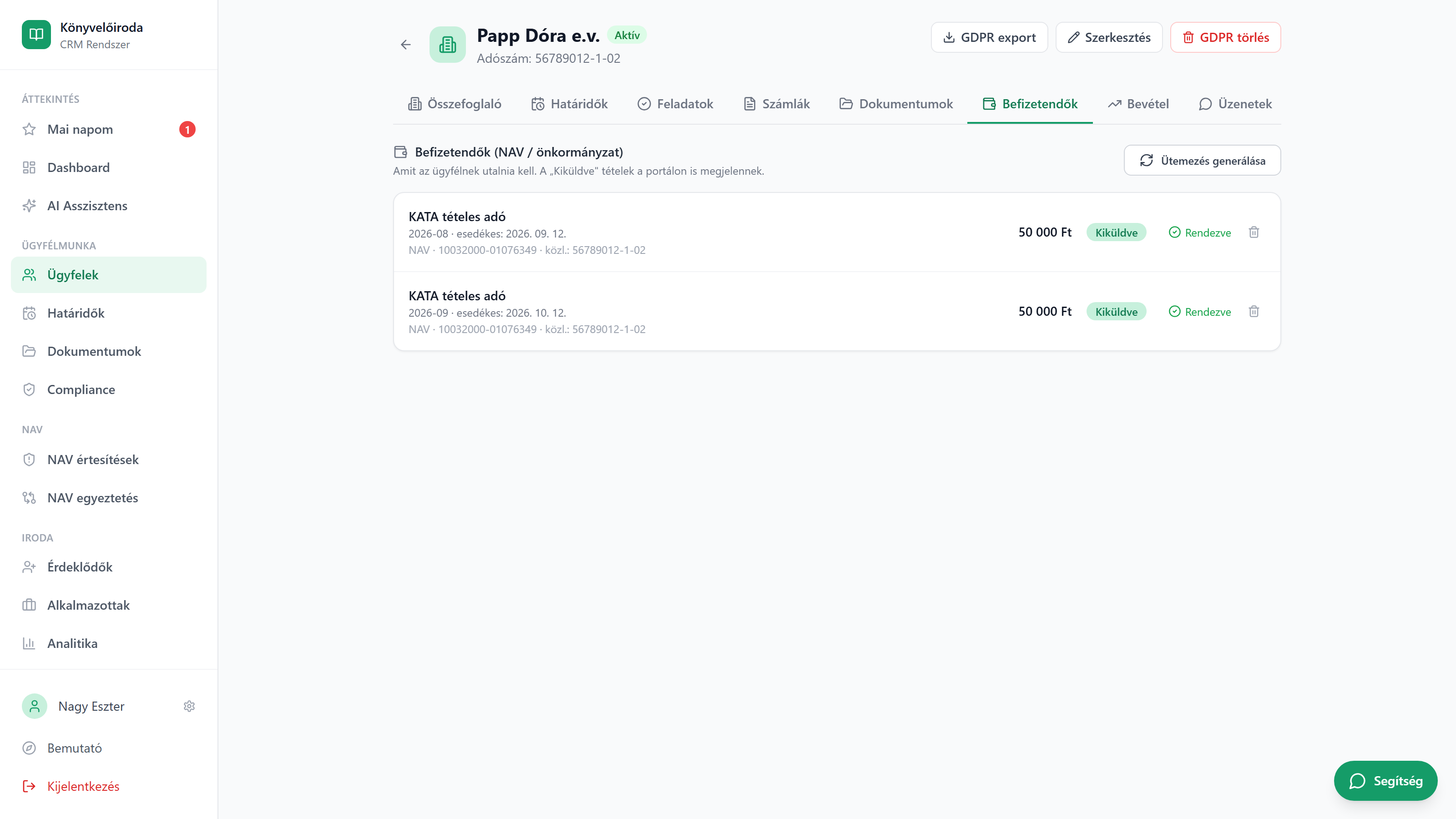 KATA tételes adó befizetendők a Conto CRM-ben: esedékesség, összeg, NAV-számlaszám és közlemény, kiküldve/rendezve státusszal